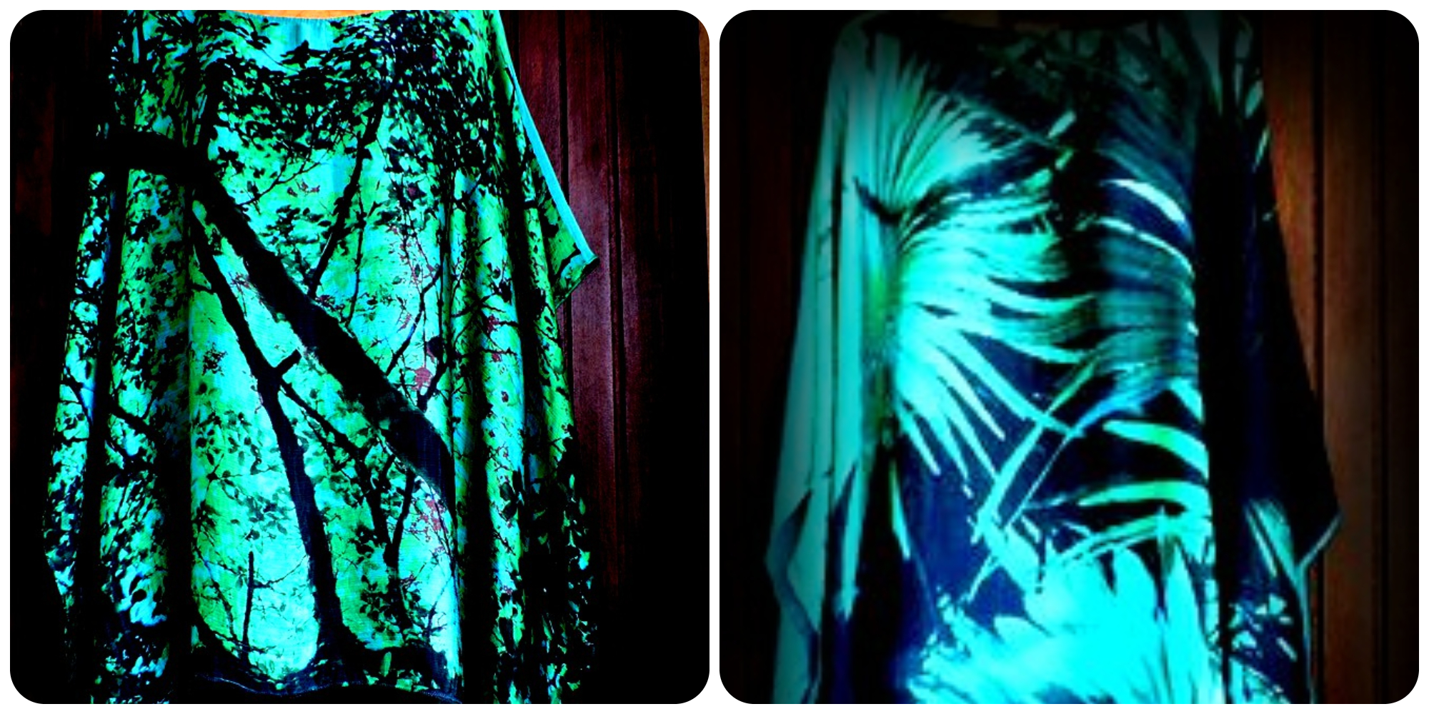 Obras "Ceus Amazônicos" e "Leques Amazônicos". Ambas usam as cores preto, azul e verde para simular paisagens amazônicas em tons escuros. A primeira mostra troncos, galhos e folhas, a segunda uma imagem mais aproximada de folhas longas.