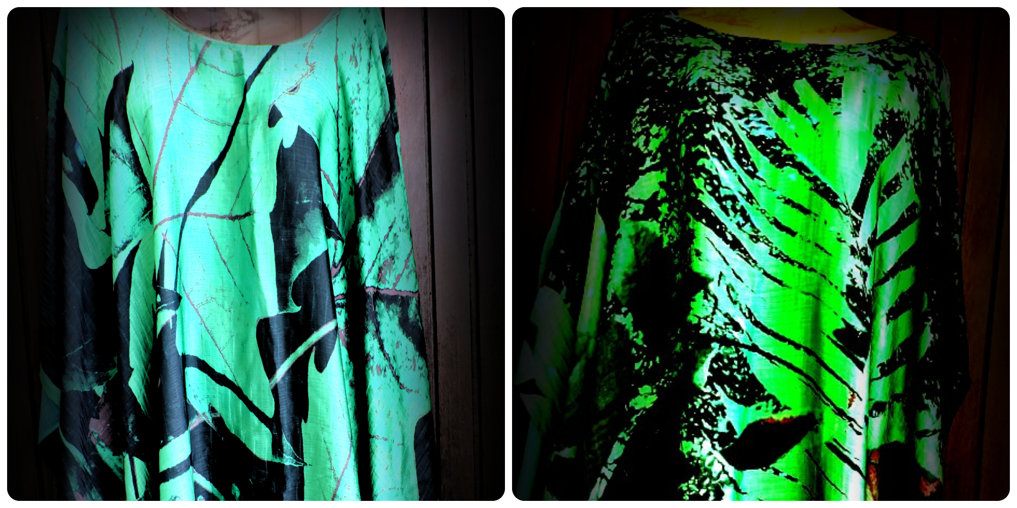 Obras "Picnic nos plátanos" e "Sombras das seringueira". Ambas usam as cores verde, preto e marrom para criar imagens de folhas.