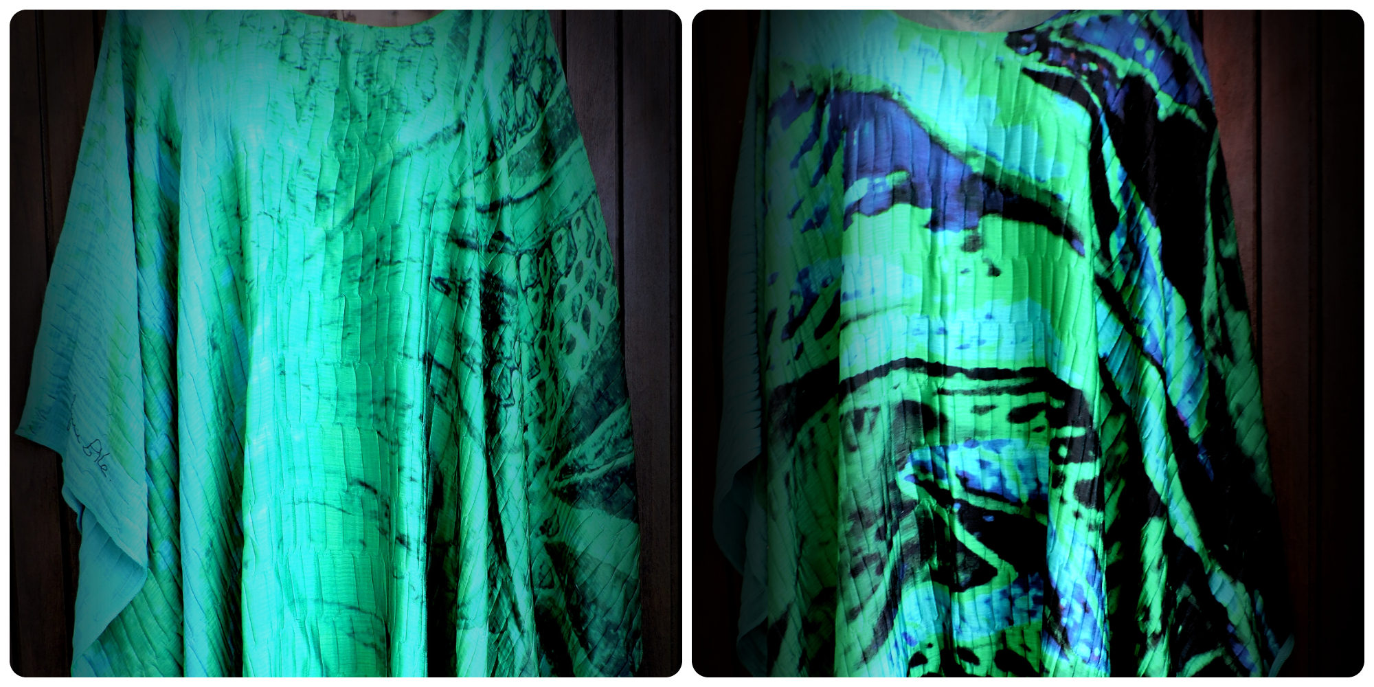 Obras "Flores para Morganah" e "Jardins de Picasso". As estampas remetem à textura das folhas em imagens abstratas. A primeira usa as cores verde e preto, e a segunda, verde roxo, azul e preto.