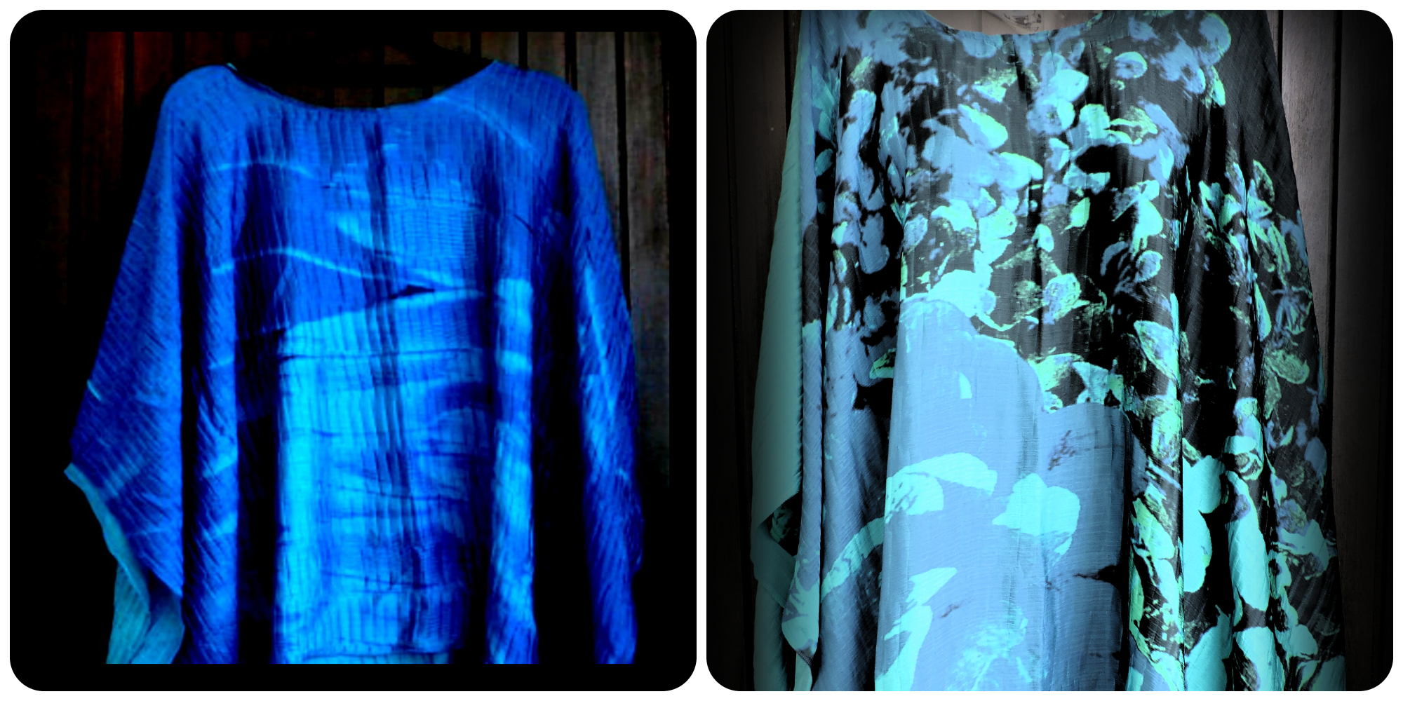 Obras "Digitais Amazônicas" e "Trilhas azuis". A primeira estampa é toda em tons de azul, que lembram uma superfície de água, e a segunda usa as cores preto, verde e azul para um composição com várias folhas