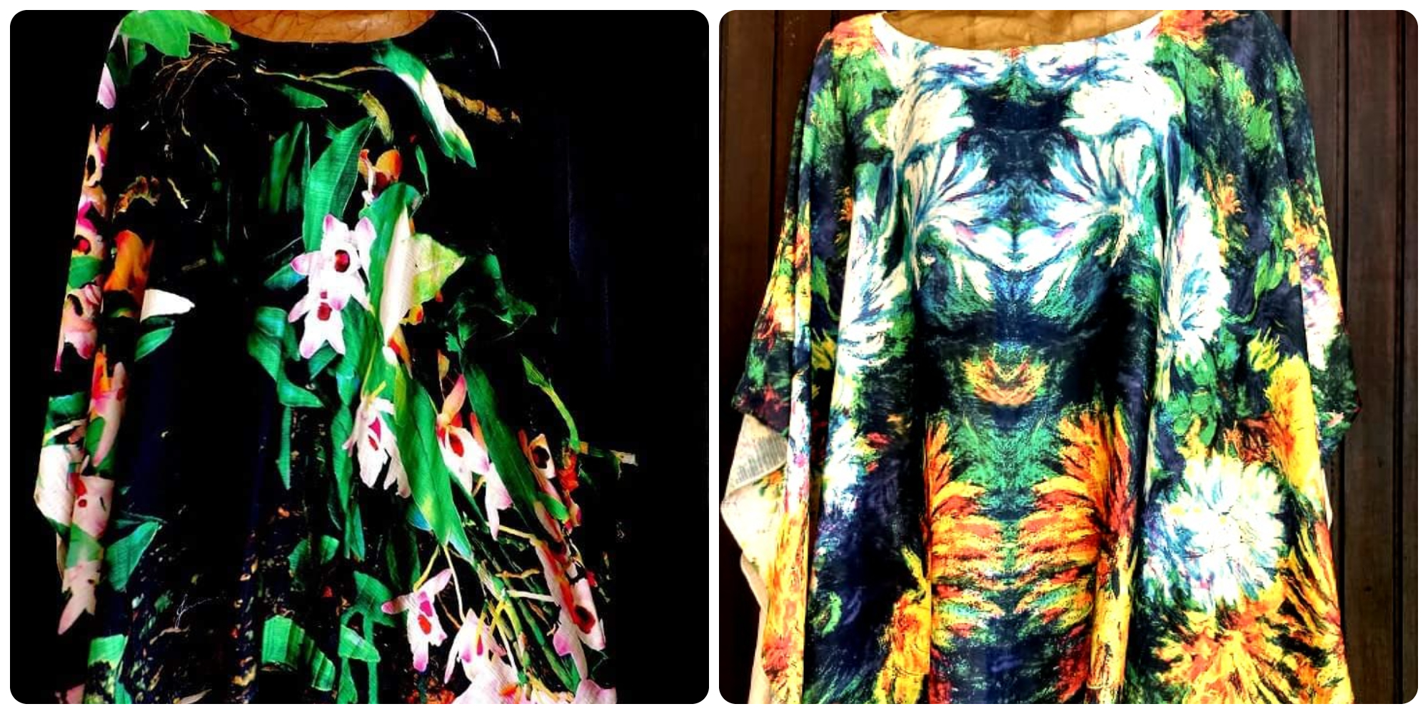 Obras "Orquidário natural" e "Flores para Renoir". Duas estampas de flores. A primeira com orquídeas rosas sobre um fundo preto, e a segunda com a imagem espelhada de várias flores, no estilo do pintor Renoir.