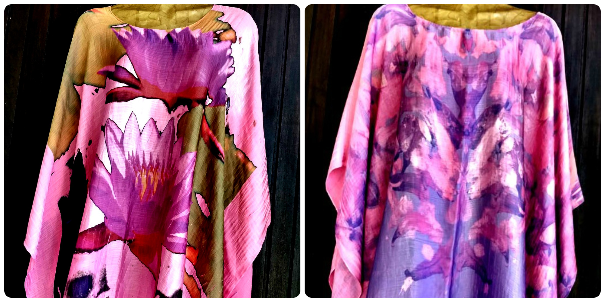 Obras  "Lótus Amazônica" e "Ipê para Monet". A primeira mostra flores de lótus, em tons de lilás, amarelo e verde. A segunda remete a um ipê, em tons de rosa e lilás.