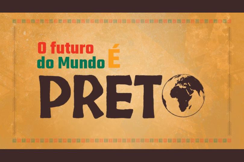 Captura de tela com o título do documentário, em fundo amarelo, e as palavras em diferentes cores: vermelho, verde, amarelo e marrom escuro, estando a letra "O" de "Preto" substituída por um desenho da Terra, com a África ao centro