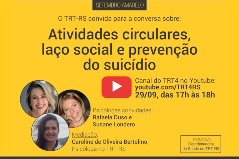 Arte de divulgação, contendo as principais informações do evento e as fotos das palestrantes, sobre fundo amarelo