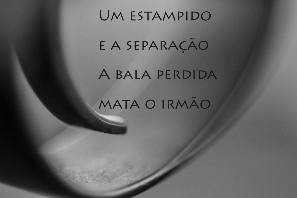 Imagem de um gatilho em preto e branco. Texto: "Um estampido/e a separação/a bala perdida/mata o irmão"