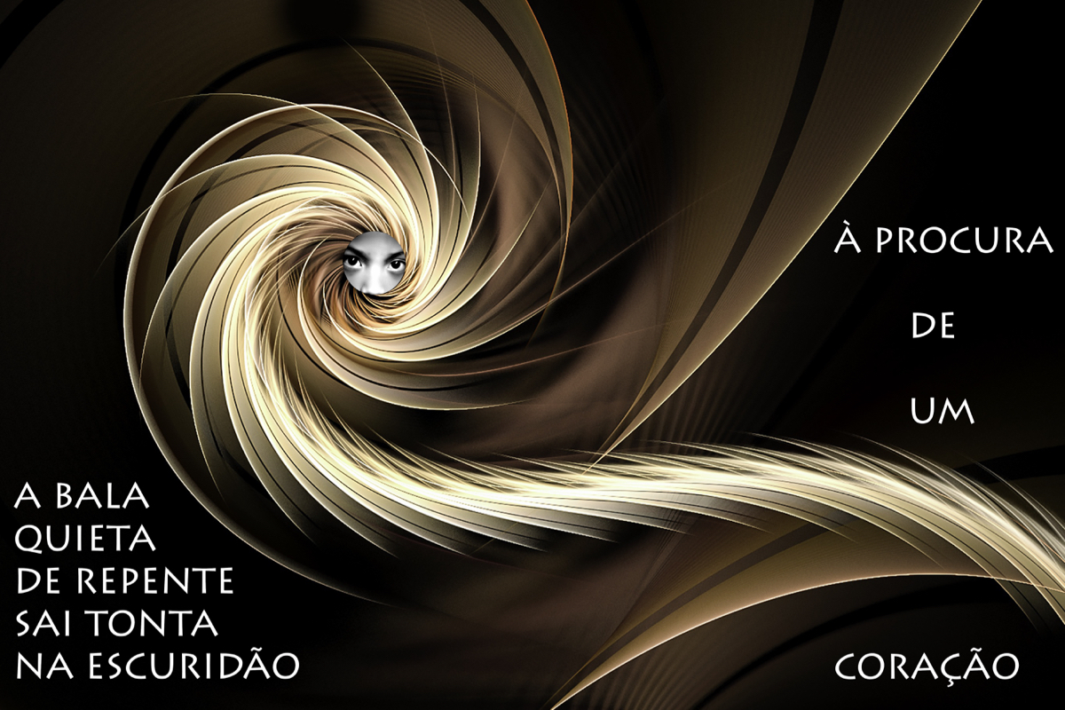 foto do rosto de uma mulher no centro de um espiral dourado. texto:  "a bala/quieta/de repente/sai tonta/na escuridão/à procura/de/um/coração"