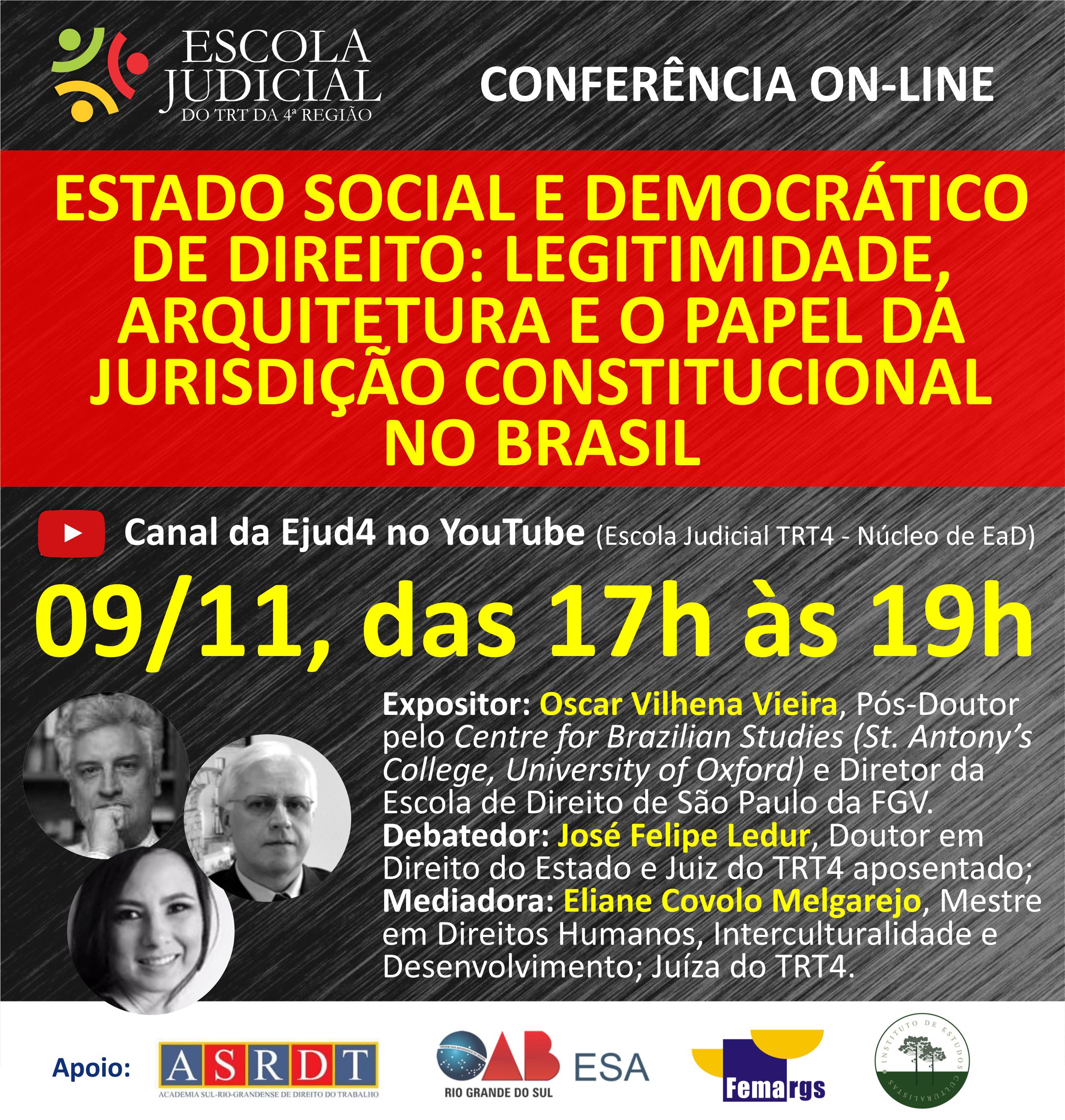 Card om fundo em tons de preto e cinza escuro, logotipo da Escola Judicial do TRT4, título, data e horário do evento, fotos e currículos do expositor, do debatedor e da mediadora. ¿¿Na parte inferior, logotipos das entidades apoiadoras.