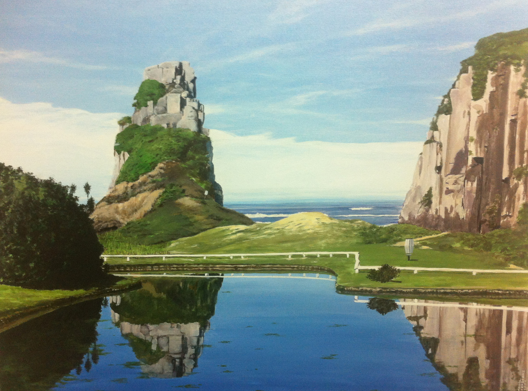 Pintura da praia da guarita. A lagoa em primeiro plano reflete duas formações rochosas ao fundo: uma mais horizontal, com rochas cinzas e vegetações, e outra na direita do quadro, em marrom e verde. Mais ao fundo, o mar e o céu em tons de azul claro.