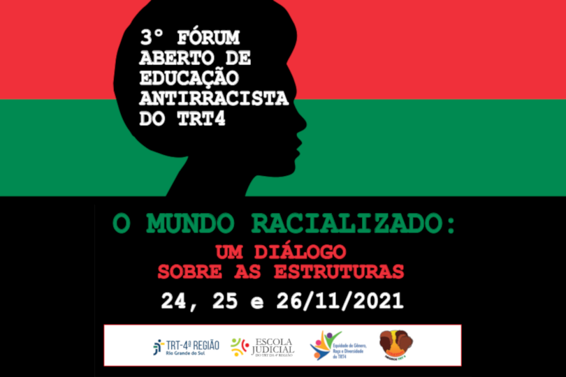 Arte de divulgação contendo as principais informações do evento, sobre um fundo negro. O nome do evento está dentro da silhueta de uma cabeça que tem cabelo estilo black power.