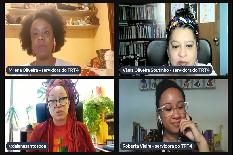 Daiana dos Santos, vereadora da bancada negra da Câmara Municipal de Porto Alegre, com três mulheres integrantes do Coletivo Negros/Negras do TRT-RS, servidoras Roberta Liana Vieira, Milena de Cássia Silva de Oliveira e Vânia Teresinha Oliveira Soutinho.