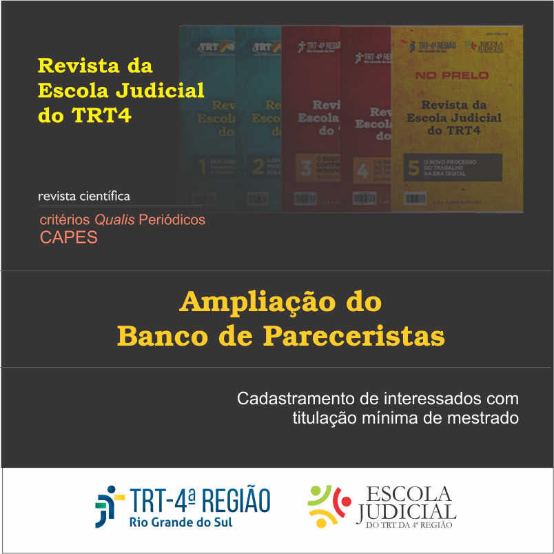 Arte com as capas da revista da EJu4 e o anúncio da ampliação do banco de pareceristas.