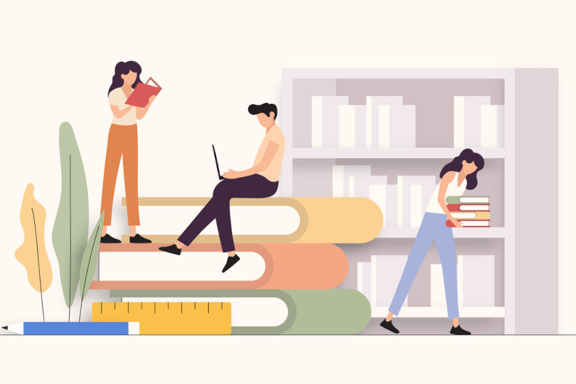 Ilustração de três pessoas estudado, em pé e sentadas em grandes livros.