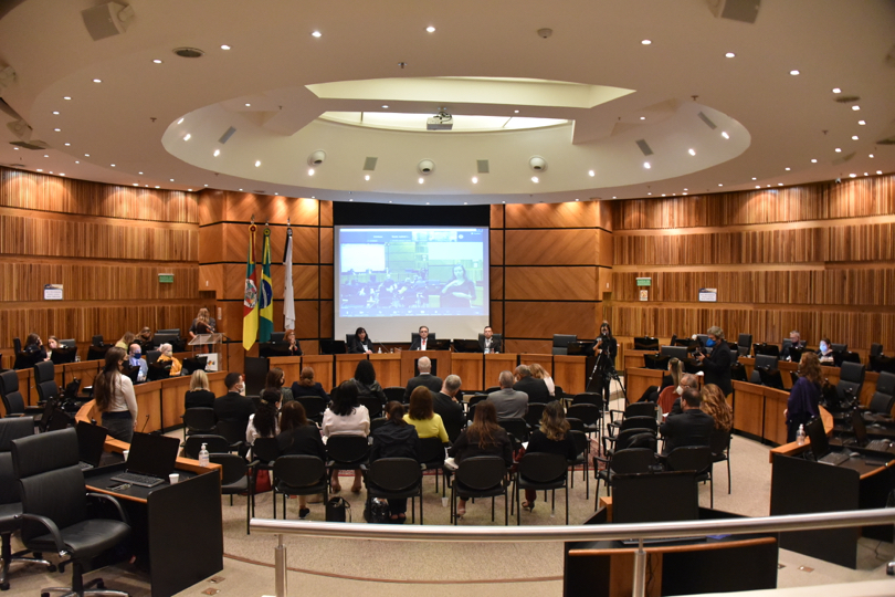 Foto do Plenário. Ao fundo, os integrantes da mesa, no centro da foto o público na nave do plenário. Acima aparece uma grande estrutura branca de iluminação em formato redondo.  