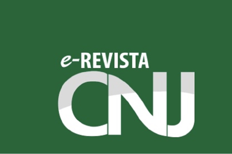 texto E-Revista CNJ, em letras brancas, sobre fundo verde escuro