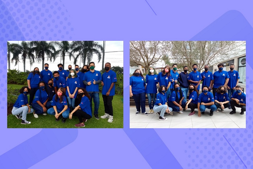Fotos das turmas TRT-4 e ESA, que integram a edição 2022 do Projeto Pescar. Os jovens estão vestindo a camiseta azul, do Projeto.