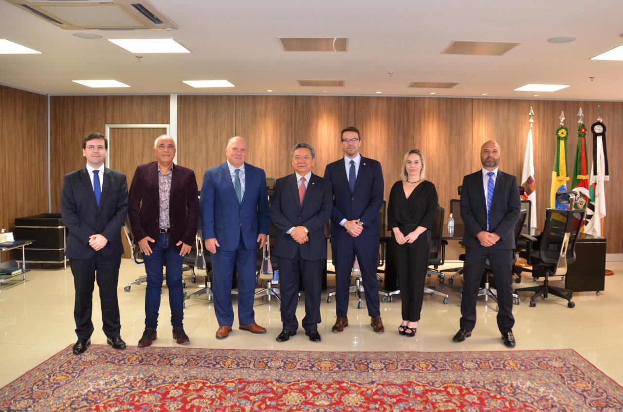 Participantes da reunião posam lado a lado para a foto. Ao fundo e à direita aparecem as bandeiras do Brasil, do RS e do TRT-4.