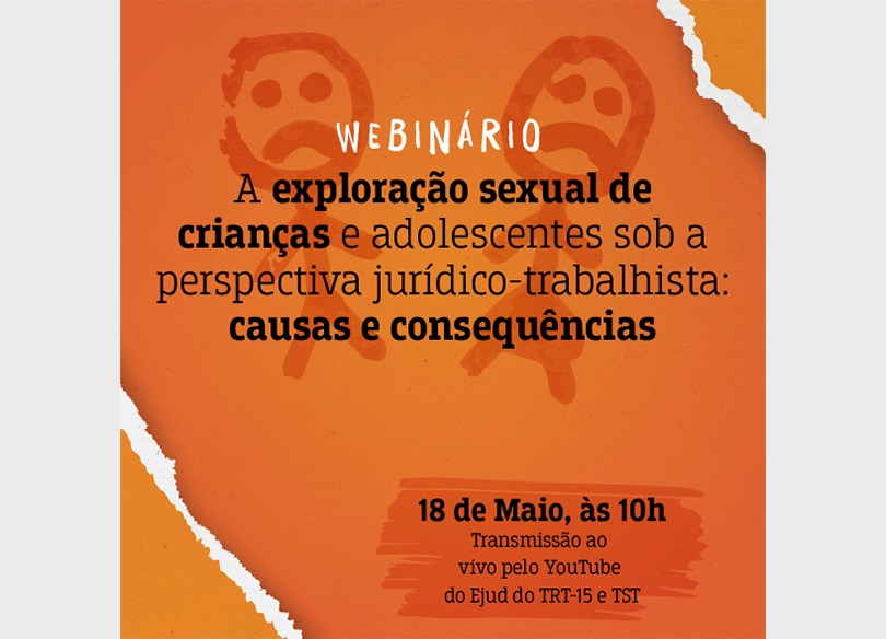 Card com informações sibre o Webinário, sobre fundo na cor laranja. Há o desenho de duas crianças na forma de bonecos pintados em desenhos infantis. Eles têm expressão de tristeza.