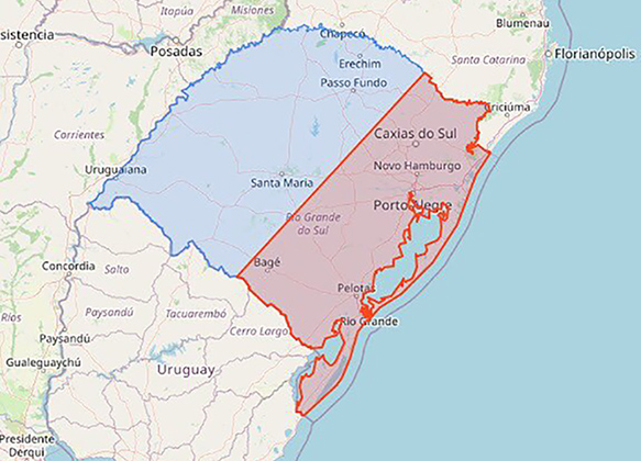 Imagem do mapa do Rio Grande do Sul, dividida nas cores vermelha e azul, conforme áreas que podem ser atingidas pela tempestade Yakecan