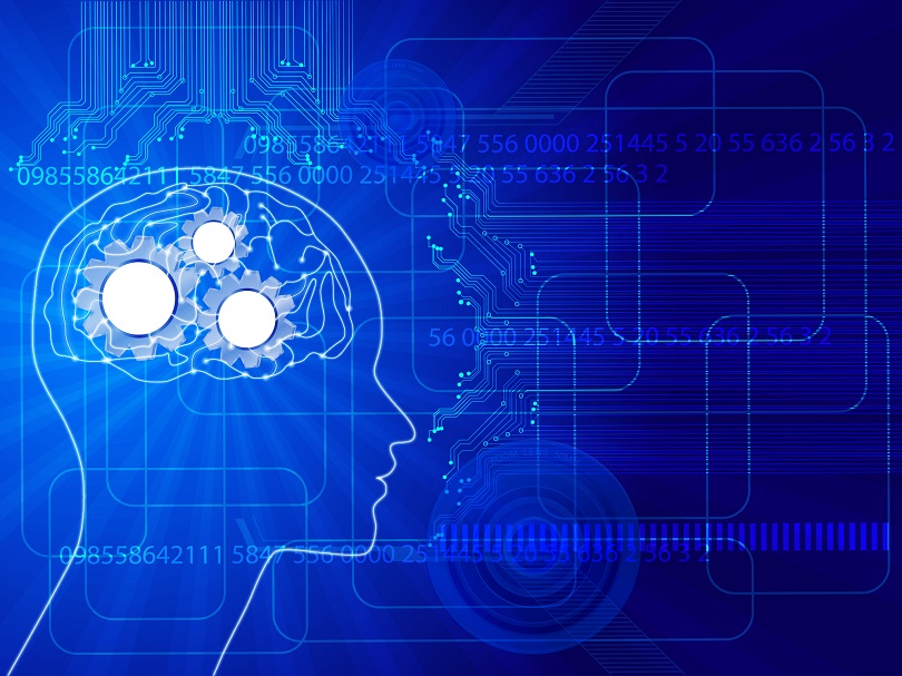 Foto ilustrativa de uma cabeça humana com o cérebro em destaque. Dentro do cérebro há engrenagens e sinapses celulares em evidência. O fundo é azul e nele há sequências numéricas e códigos de barras.