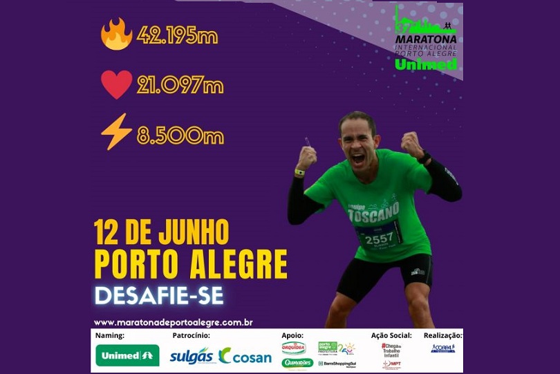 Card sobre a 37ª Maratona Internacional de Porto Alegre, com informações e logomarca dos patrocinadores. Há a foto ilustrativa de um competidor, vestindo uniforme verde. Ele está comemorando.