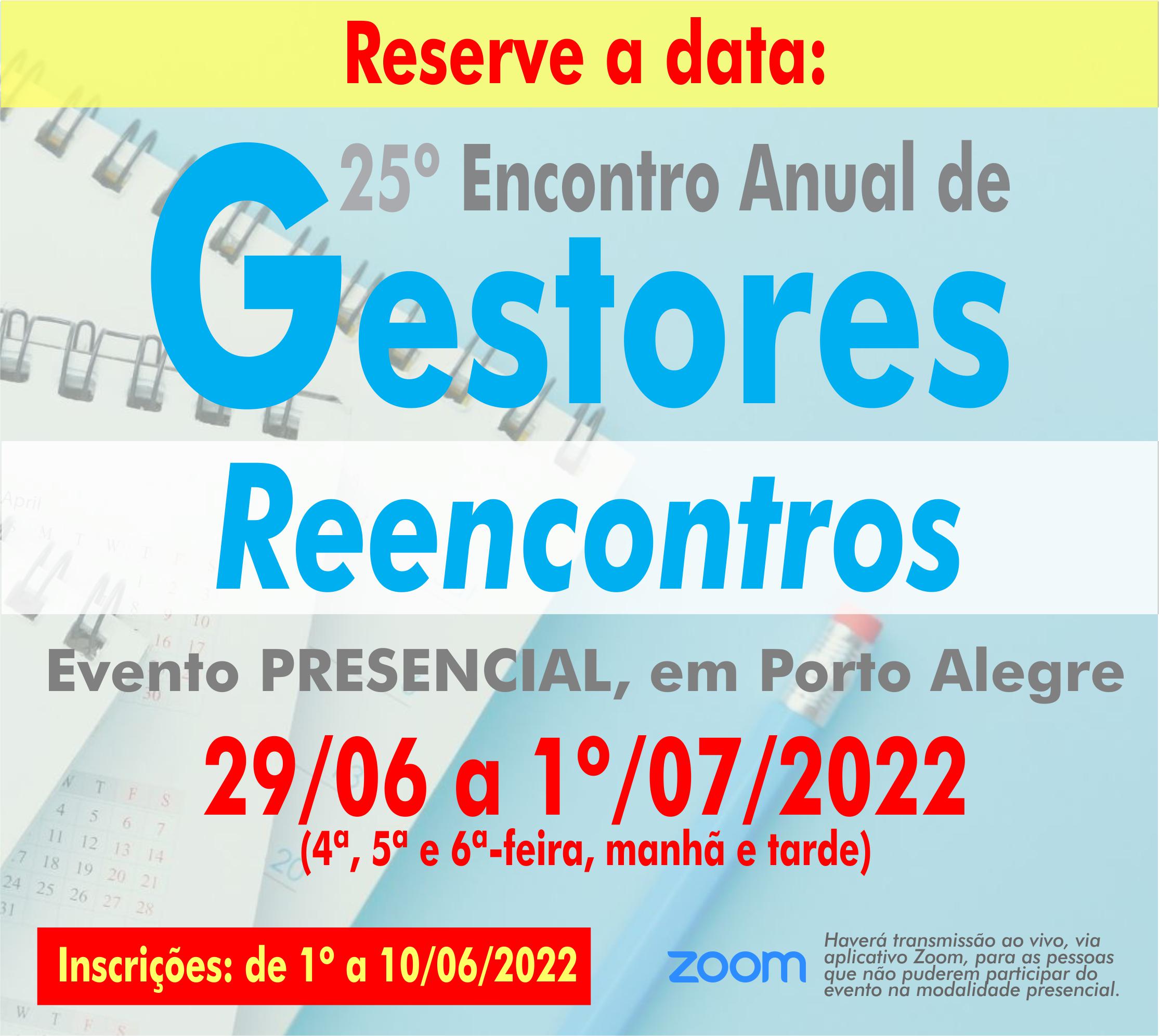 Card "Reserve a data" para o 25º Encontro Anual de Gestores. Descrição detalhada no corpo da notícia.