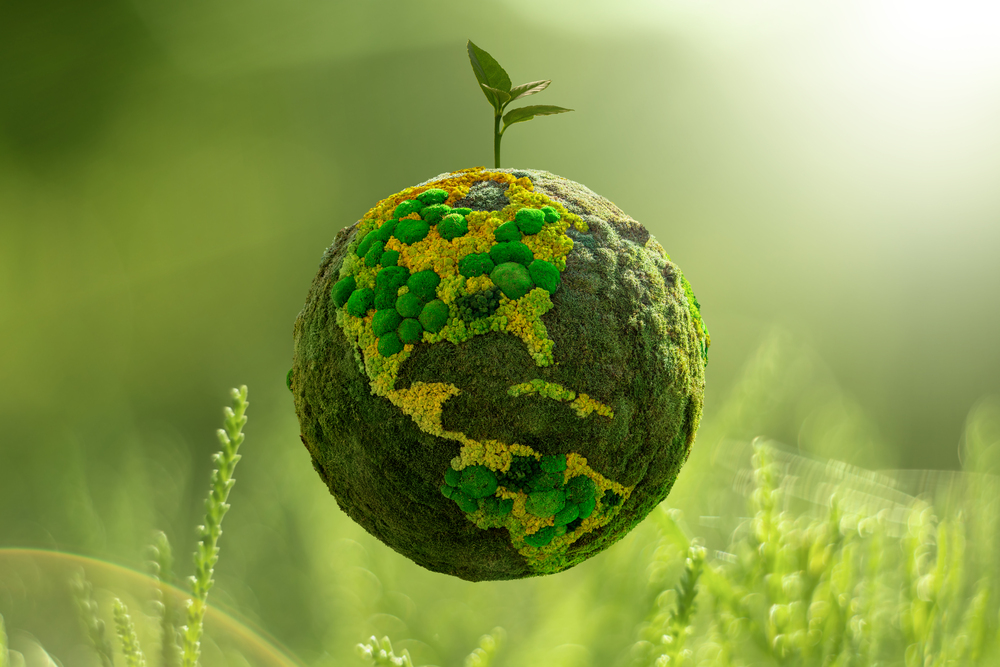 arte com a imagem do globo terrestre coberto por vegetações