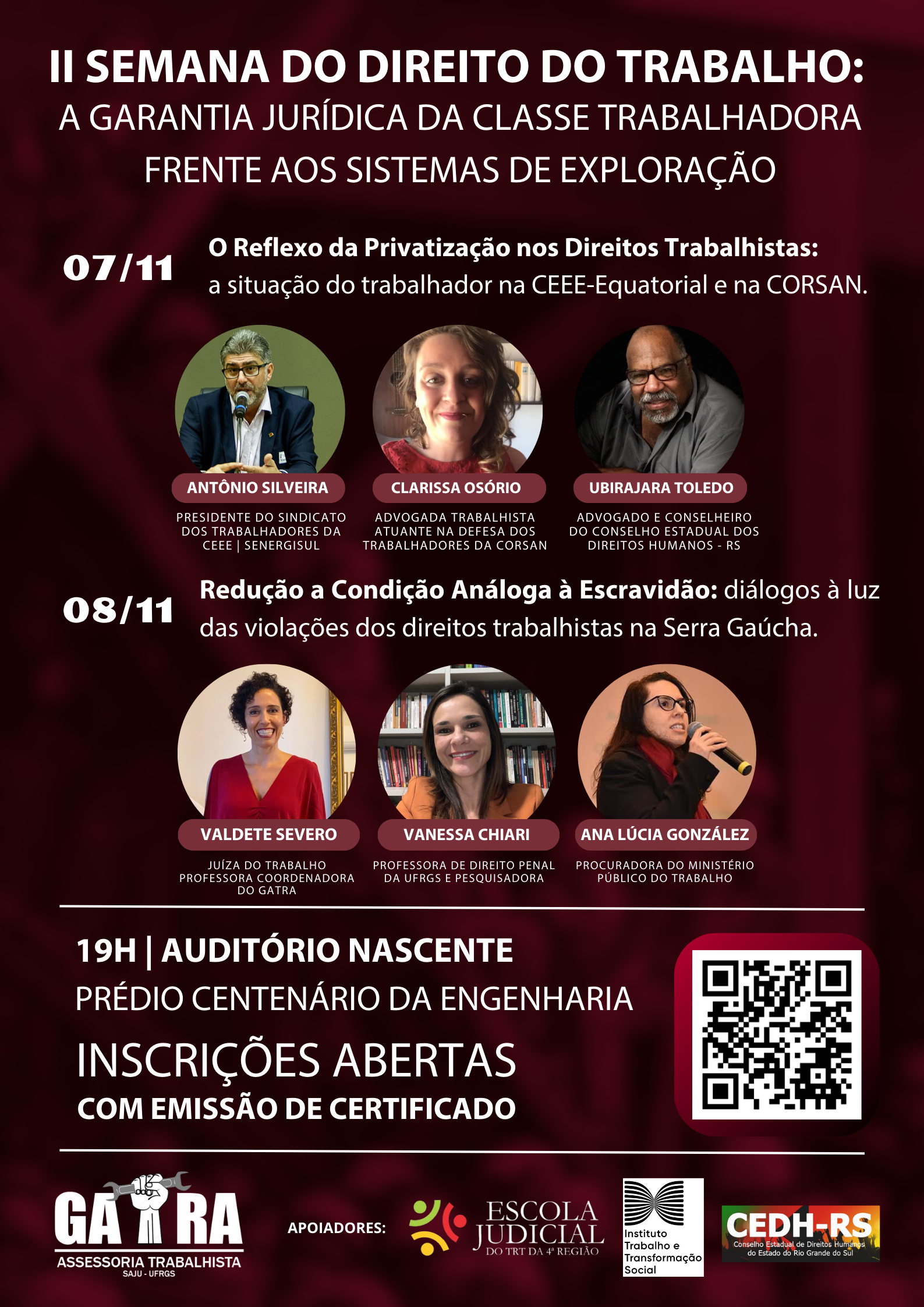 Card de divulgação em formato retangular vertical, com fundo na cor vermelho vinho, trazendo informações gerais do evento: data, título, horário e local,  fotos e currículos dos/as docentes, logotipos da entidade realizadora e apoiadores.