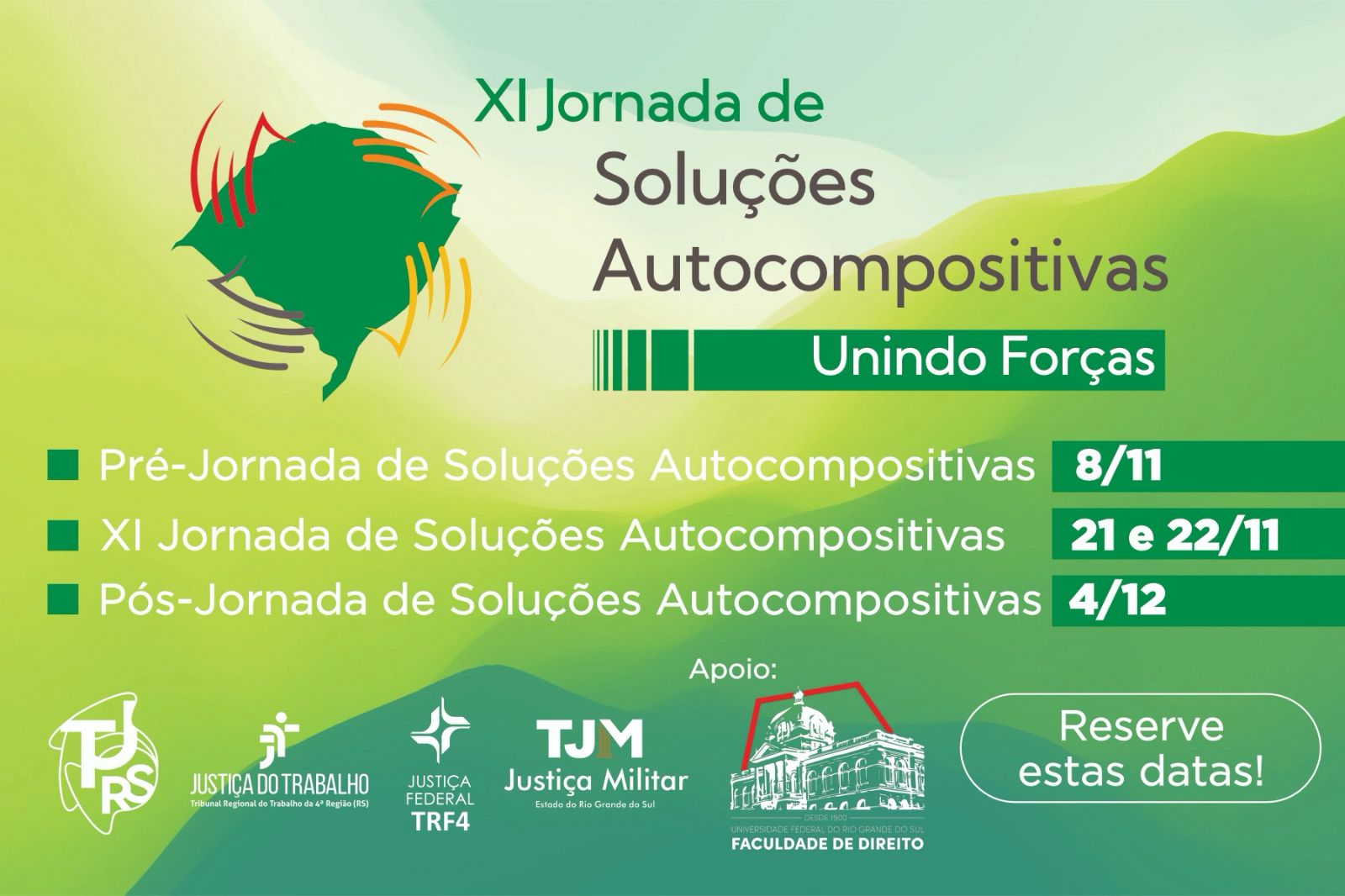 Card em formato retangular horizontal com fundo em tons de verde, com informações gerais do cvento.