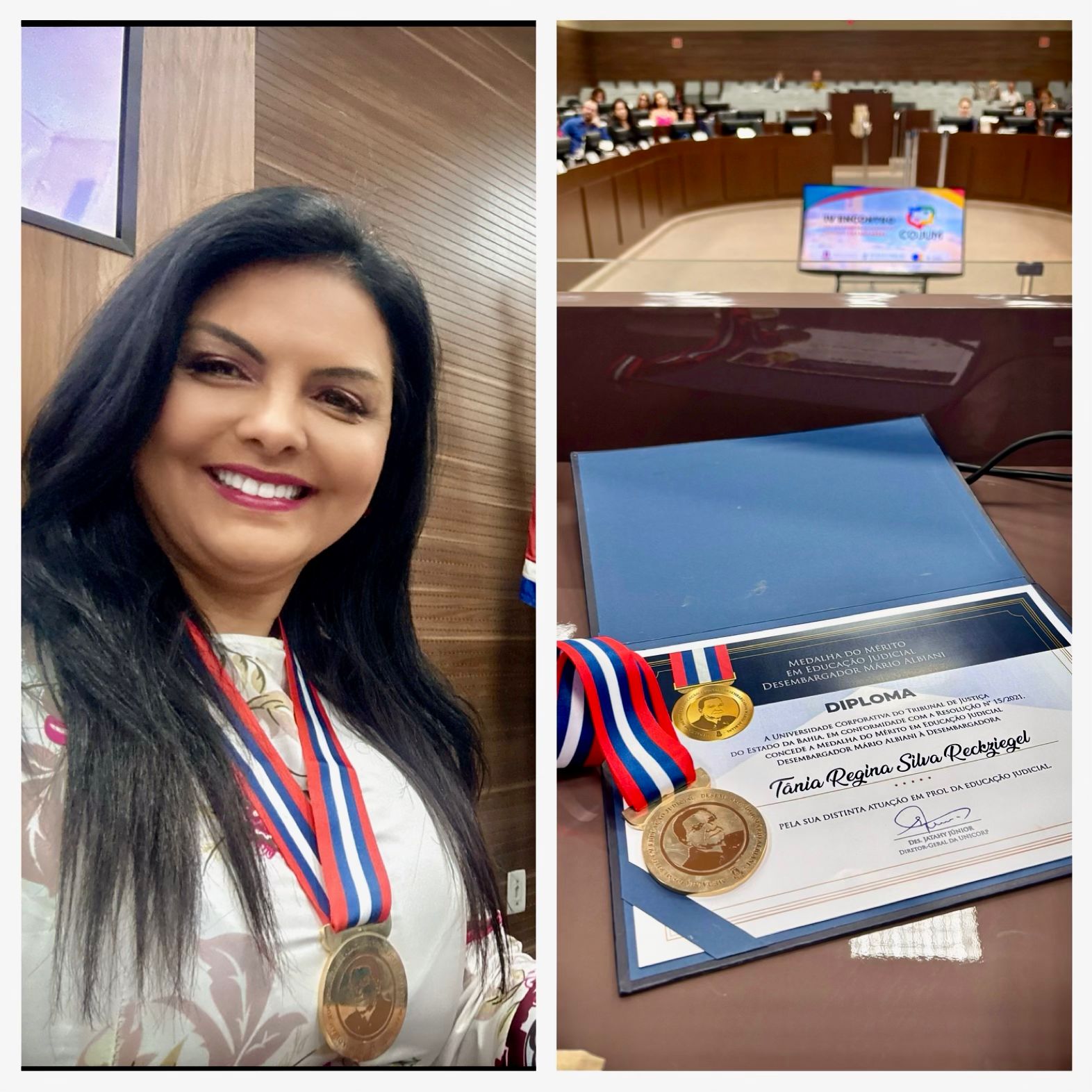 Montagem com fotos da Desa. Tânia e do certificado com as medalhas da homenagem