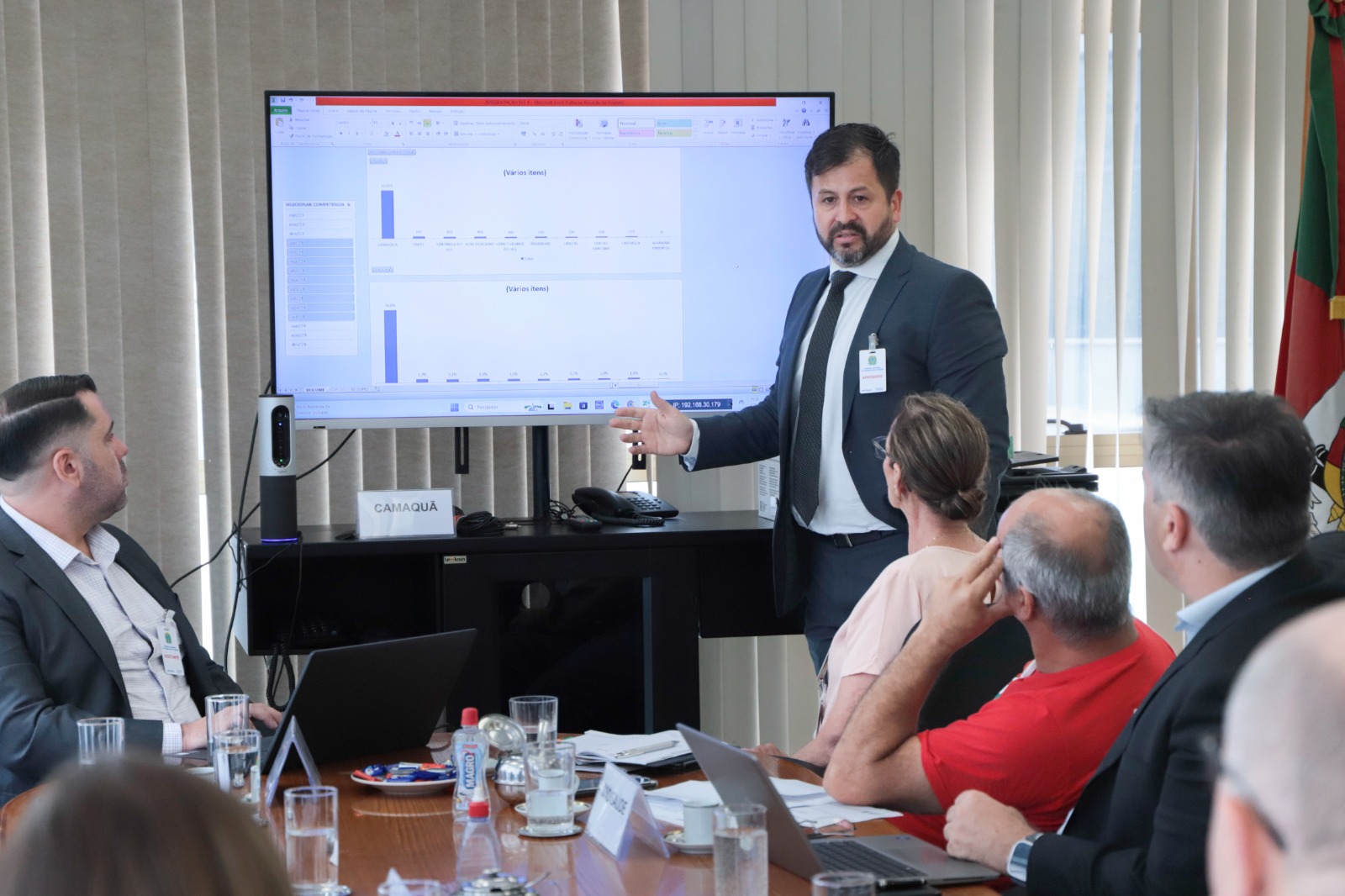 Foto de um homem de terno falando e gesticulando em frente a uma tela com gráficos. Sete pessoas aparecem de costas vendo a apresentação.
