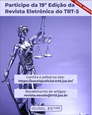Card com a imagem de uma estátua da deusa da Justiça com fundo azul. Dizeres: participe da 19ª edição da revista eletrônica do TRT5.