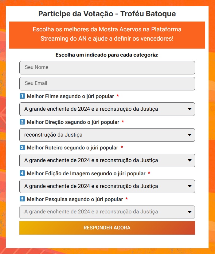 Imagem do formulário de votação, com os campos para identificação e os campos para a escolha de melhor filme em cada categoria. 