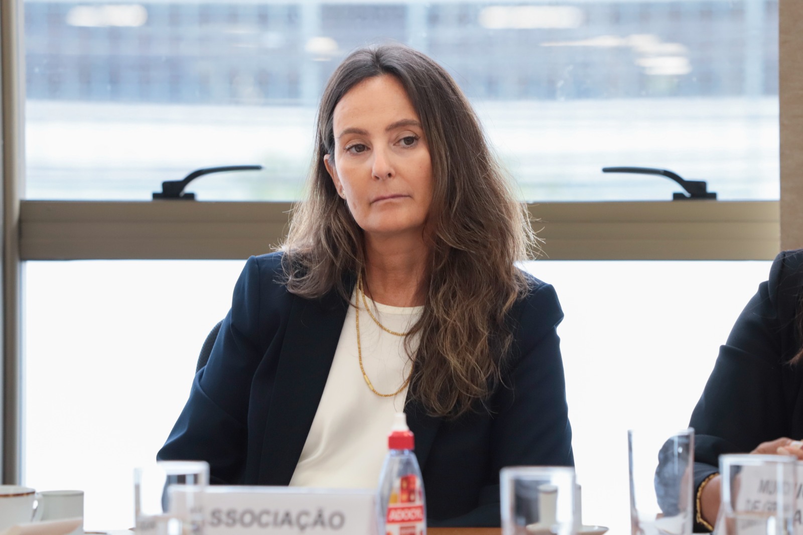 Luciana Caringi Xavier é branca, com cabelo liso castanho. Ela usa blazer azul escuro e camisa branca. Ao fundo aparece a janela.