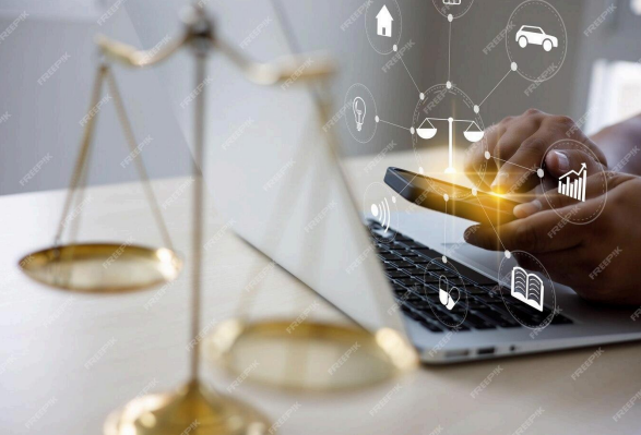 A imagem mostra uma balança dourada da justiça em primeiro plano.  Ao fundo, há um laptop aberto sobre uma mesa e uma mão segurando um smartphone. Do telefone, aparecem ícones digitais conectados entre si.