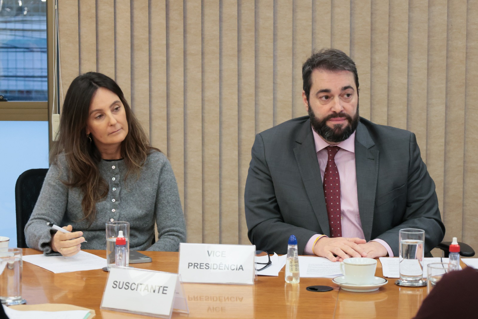 Luciana e Alexandre a parecem sentados. Os dois estão olhando para a direita. Ela é branca, de cabelos castanhos lisos e usa blusa cinza. Ele é branco de cabelo escuro e usa blazer cinza com camisa rosa e gravata bordô.