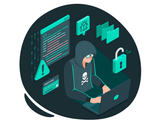 ilustração de um hacker usando moletom com capuz e um símbolo de caveira no peito, digitando em um notebook. Ao redor dele, há ícones representando elementos digitais como um cartão de crédito, pastas de arquivos, uma tela com códigos, um alerta de perigo, um cadeado aberto. O fundo é escuro, e os tons principais são azul e verde