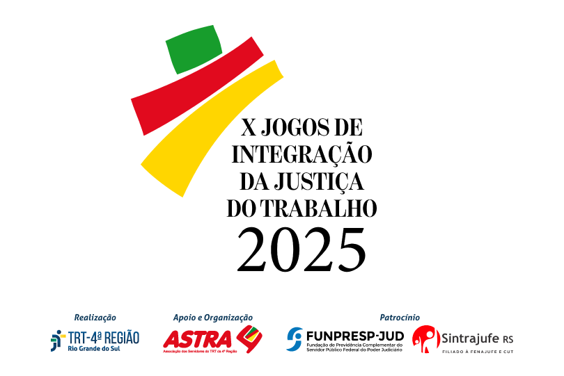 Logo dos Jogos de Integração, com o nome do evento e imagem estilizada de uma pessoa saltando, formada por um ponto e dois traços, nas cores verde, vermelho e amarelo.
