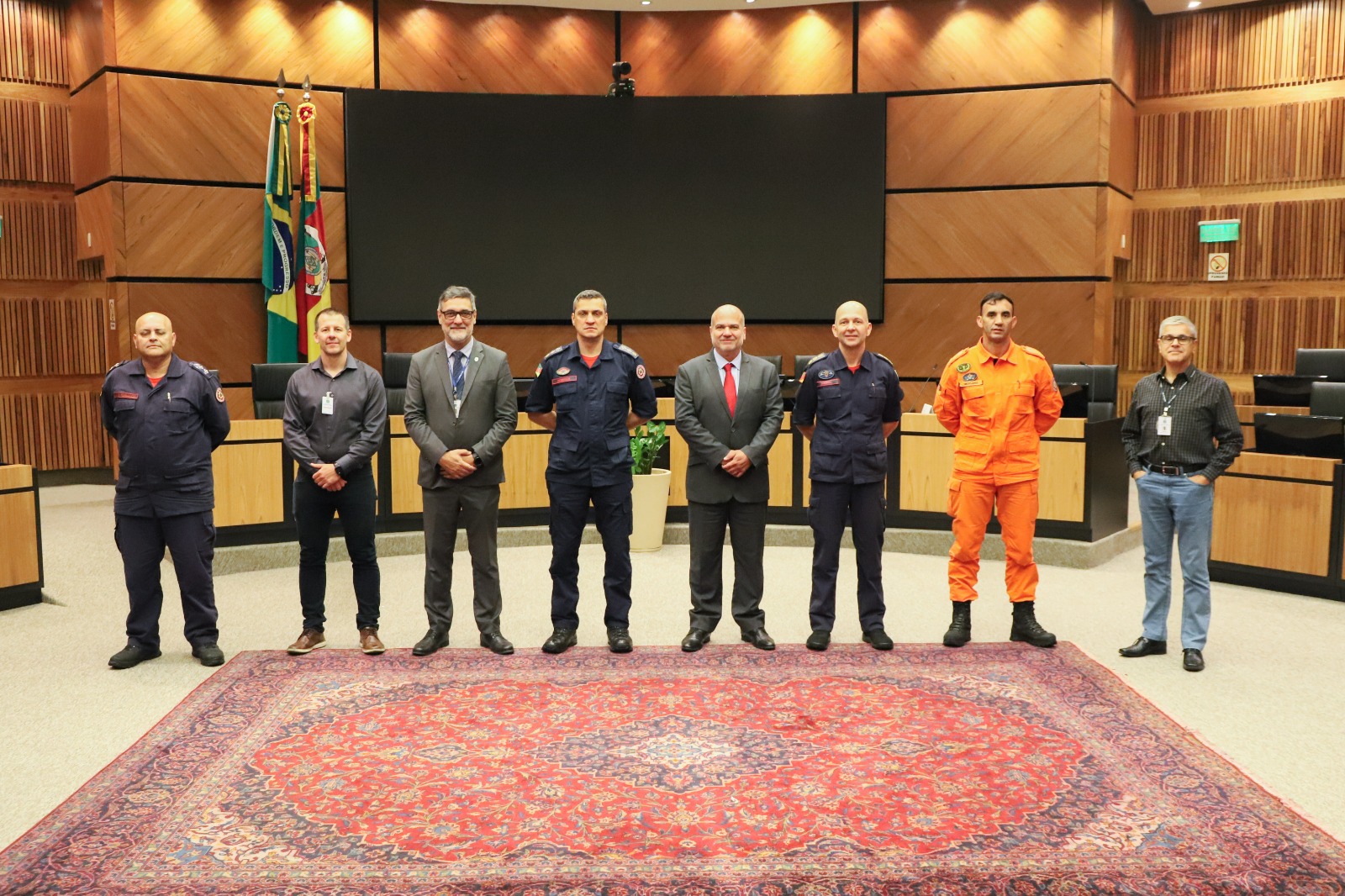 Oito pessoas aparecem perfiladas posando para a foto. Todos estão de pé. Ao fundo aparece o telão do plenário, a bancada e bandeiras. Na frente deles aparece um grande tapete no chão.