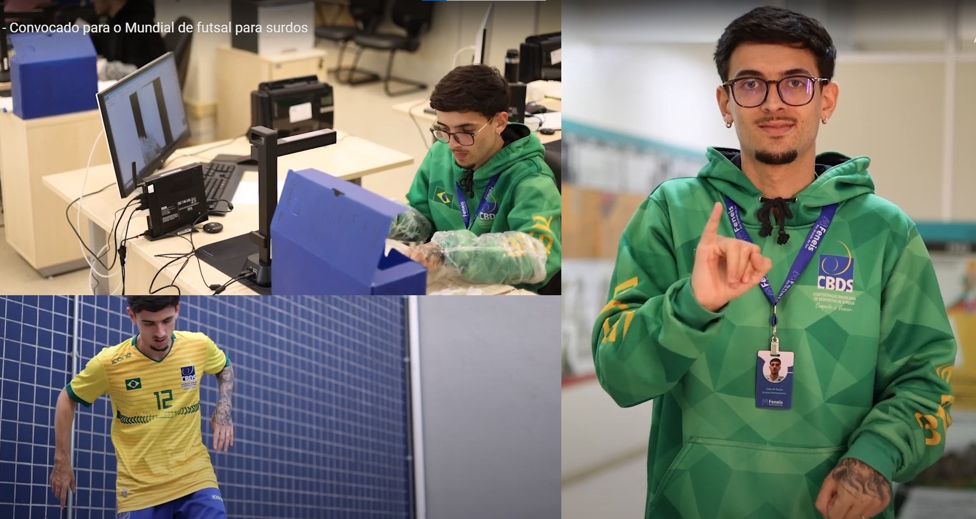 João trabalhando na digitalização de processos, fazendo embaixadinha e apresentando a campanha