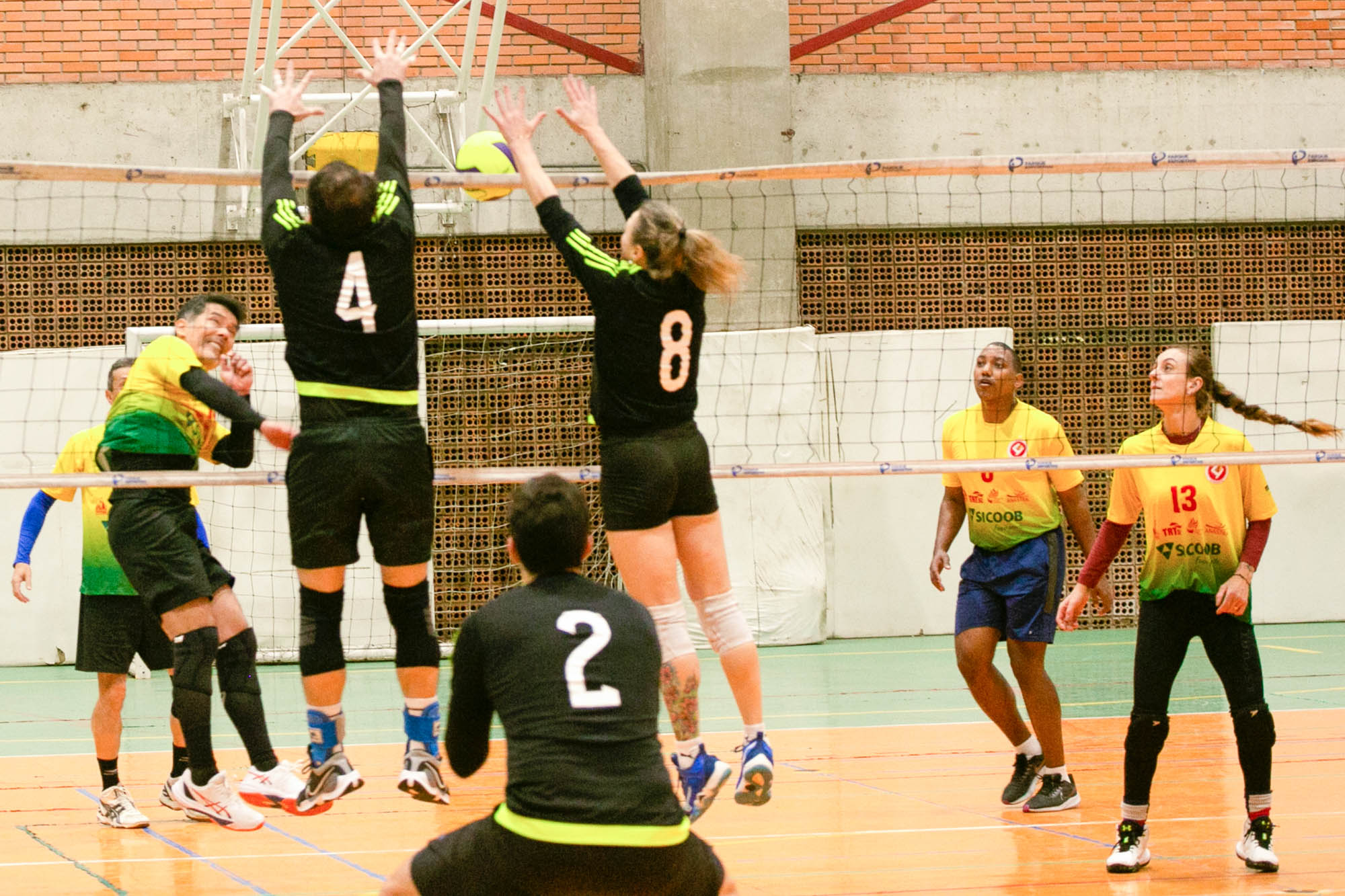 diversas pessoas aparecem jogando vôlei. Duas em destaque, de costas,  pulam para fazer um bloqueio