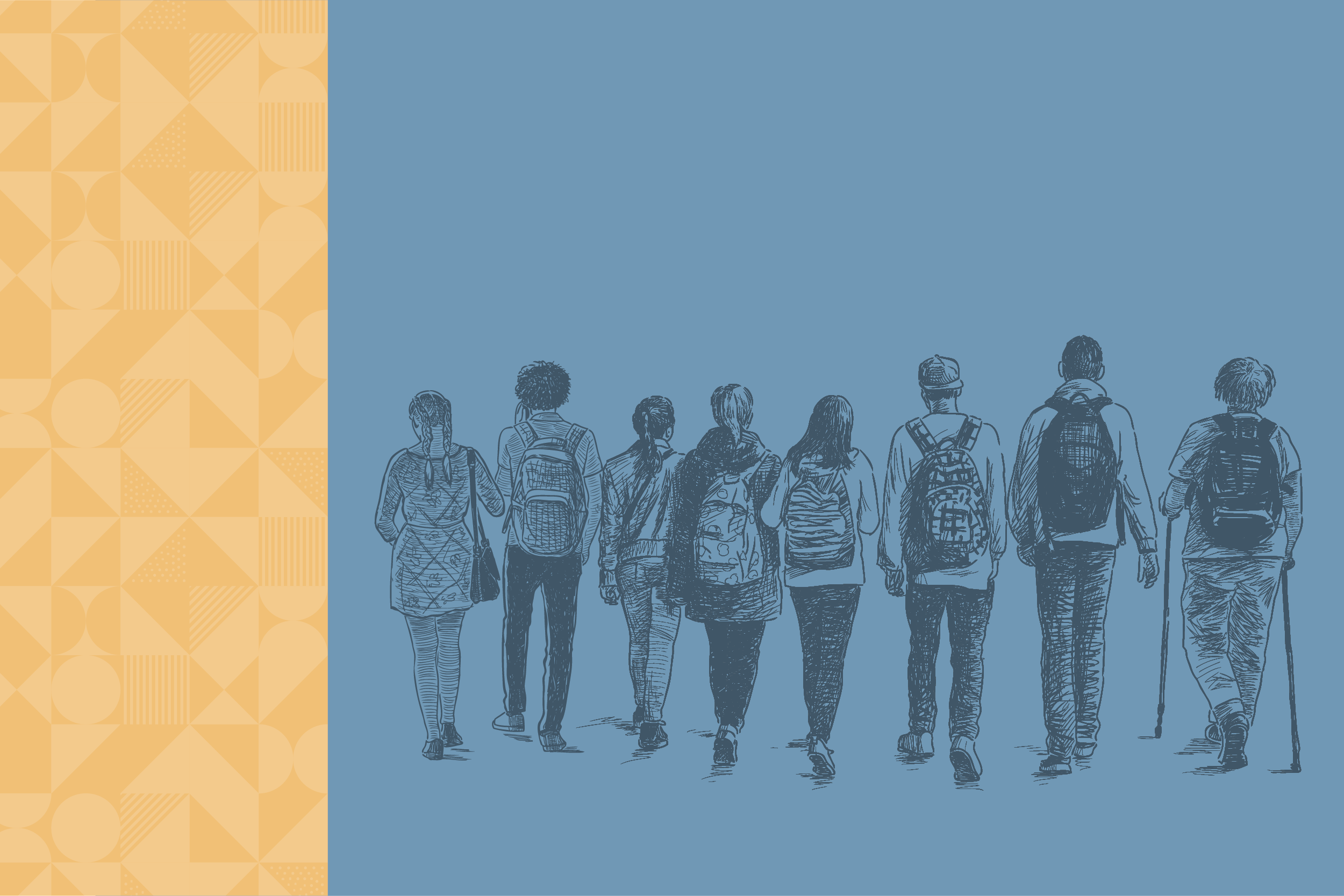 A imagem mostra um grupo de oito pessoas caminhando de costas, lado a lado. Elas estão vestindo roupas casuais e usando mochilas. Uma das pessoas usa uma bengala. O fundo é azul e, no canto esquerdo, há uma faixa amarela com formas geométricas (círculos, triângulos e quadrados), como um padrão decorativo.