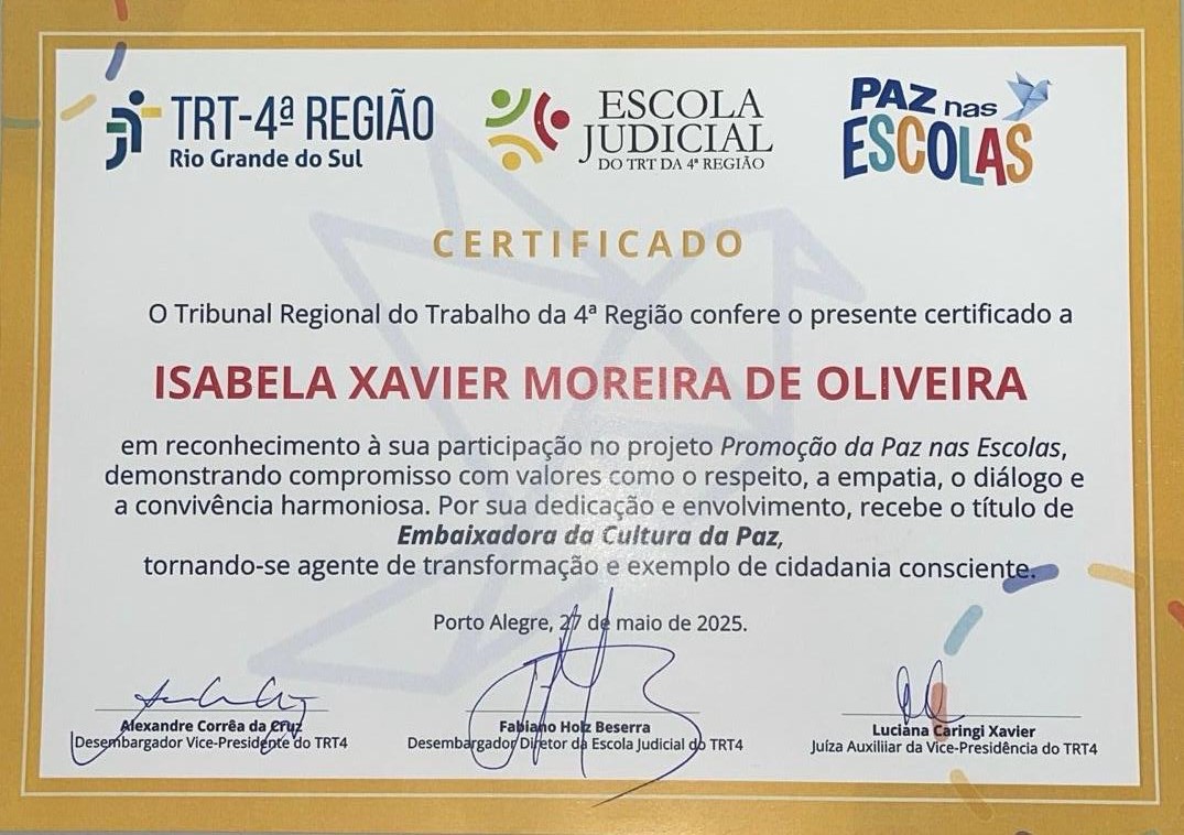 imagem do certificado de embaixador da cultura da paz