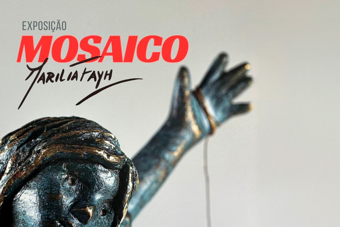 Arte com a foto da escultura do rosto de uma menina com o braço levantado e os nomes da exposição e da artista sobre ela.