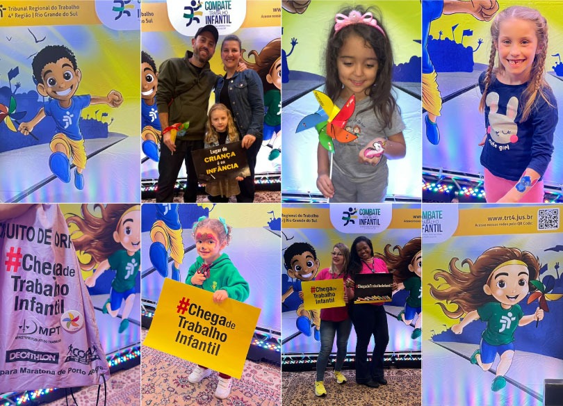 Montagem com fotografias tiradas na feira. Crianças e adultos posam sorridentes em frente a um painel ilustrado com personagens infantis correndo e o logotipo “Combate Infantil” do TRT-RS. Algumas pessoas seguram cartazes com mensagens como “#Chega de Trabalho Infantil” e “Lugar de criança é na infância”.