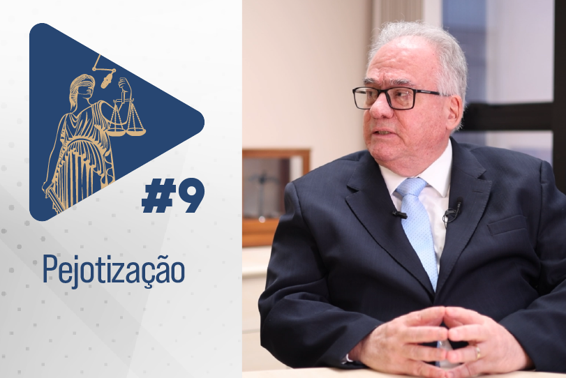Arte de divulgação, mostrando à esquerda a logomarca do videocast, o número do episódio (9) e o tema, "pejotização", sobre um fundo claro. À direita, uma imagem do ministro durante a entrevista. Ele é idoso, branco, usa óculos, tem cabelos ralos e brancos, veste terno azul escuro, gravata azul clara e camisa branca.