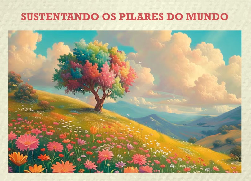 Capa do livro, com o título e o desenho de uma paisagem com montanhas, céu com nuvens brancas, uma árvore colorida e flores coloridas.