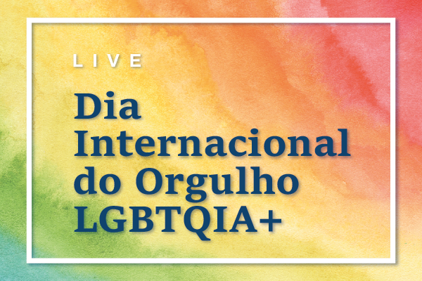 banner de divulgação: fundo com textura em aquarela e cores do arco-íris (verde, amarelo, laranja, vermelho).
Dentro de uma moldura branca, centralizado à esquerda, o texto em destaque: LIVE - Dia Internacional do Orgulho LGBTQIA+