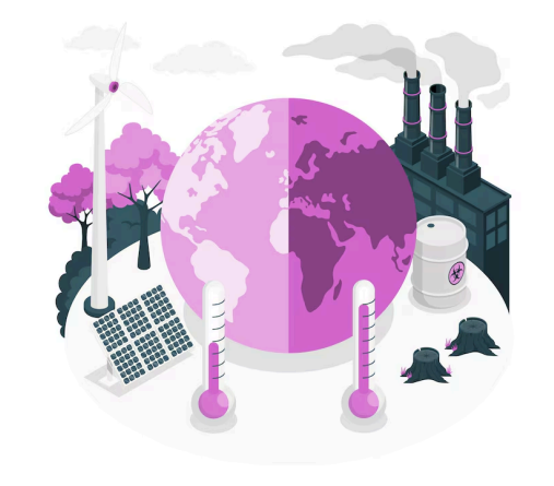 A imagem mostra uma ilustração simbólica sobre mudanças climáticas e fontes de energia. No centro, há um globo terrestre dividido em duas metades: a da esquerda representa um ambiente mais sustentável, e a da direita, um cenário poluído.