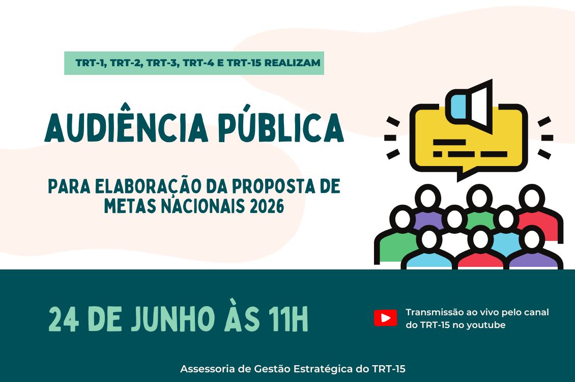 Arte com o nome da audiência, informações sobre data e horário, siglas dos TRTs participantes e o desenho de bonecos com um balão de diálogo sobre eles e um megafone.