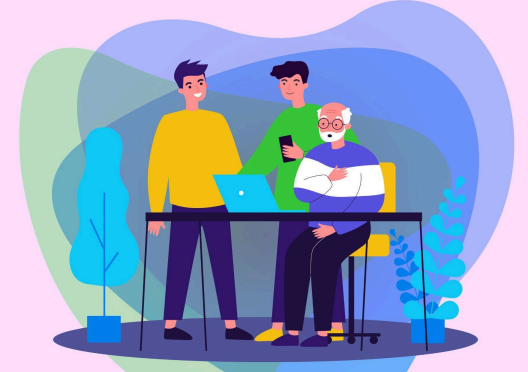 Ilustração de um homem idoso de cabelo branco, barba e óculos, sentado com um computador azul à sua frente. Ao seu lado, estão dois jovens em pé: um veste blusa amarela e o outro, blusa verde. O fundo é composto por formas abstratas em tons de azul, verde e lilás.